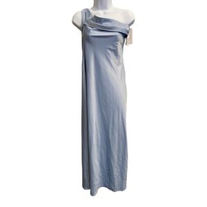 Merokeety Light Blue One Shoulder Satin Maxi Dress Formal Evening Gown SizeS NWT